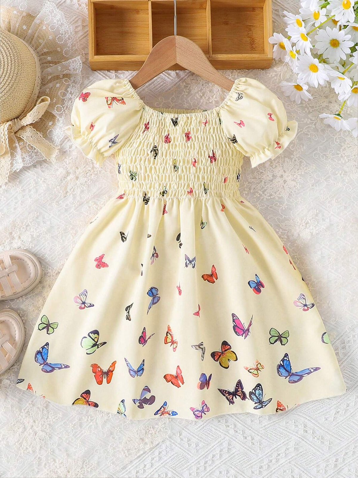 Young Girls' Butterfly Pattern Printed Round Neck Short Sleeve Dress With Chest Pleats
