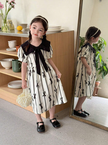 Young Girls' Butterfly Print Short Sleeve Dress With Bow
