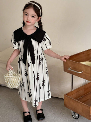 Young Girls' Butterfly Print Short Sleeve Dress With Bow