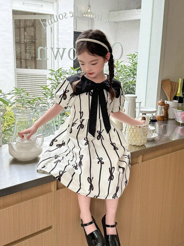 Young Girls' Butterfly Print Short Sleeve Dress With Bow
