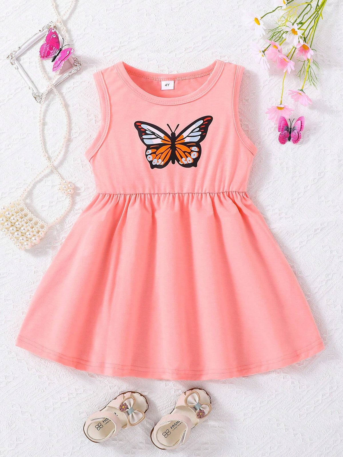 Young Girls' Butterfly Printed A-Line Dress