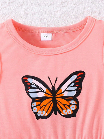 Young Girls' Butterfly Printed A-Line Dress
