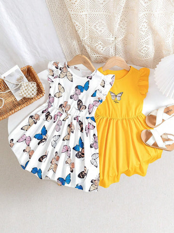 Young Girls' Butterfly Printed Flutter Sleeve Dress, 2pcs Summer