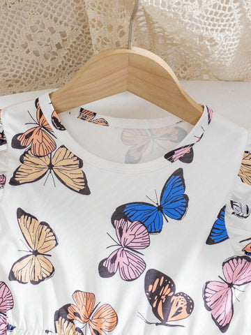 Young Girls' Butterfly Printed Flutter Sleeve Dress, 2pcs Summer