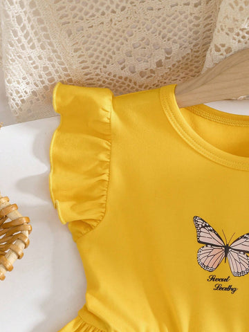 Young Girls' Butterfly Printed Flutter Sleeve Dress, 2pcs Summer