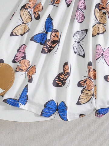 Young Girls' Butterfly Printed Flutter Sleeve Dress, 2pcs Summer