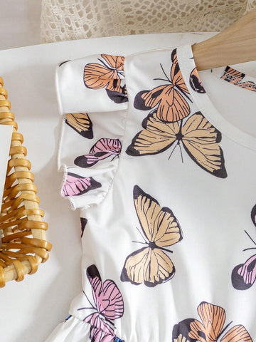 Young Girls' Butterfly Printed Flutter Sleeve Dress, 2pcs Summer