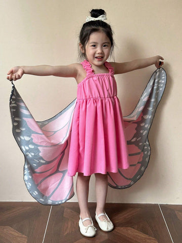 Young Girl's Butterfly Printed Pleated Strap Dress