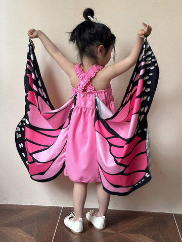 Young Girl's Butterfly Printed Pleated Strap Dress