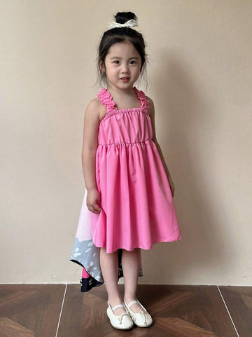 Young Girl's Butterfly Printed Pleated Strap Dress