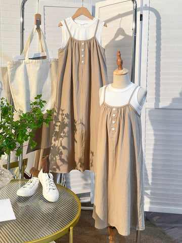Young Girls' Buttoned Solid Color Sleeveless Sundress, Summer
