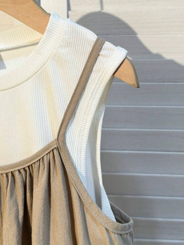 Young Girls' Buttoned Solid Color Sleeveless Sundress, Summer