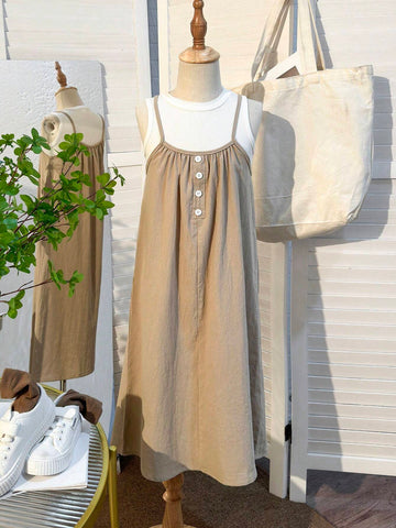 Young Girls' Buttoned Solid Color Sleeveless Sundress, Summer