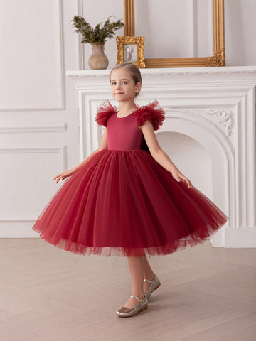 Young Girl's Cap Sleeve Bow Mesh Princess Dress, Suitable For Birthday Party, Wedding, Formal Occasions