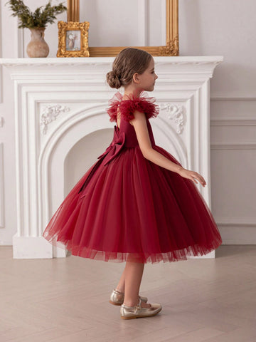 Young Girl's Cap Sleeve Bow Mesh Princess Dress, Suitable For Birthday Party, Wedding, Formal Occasions