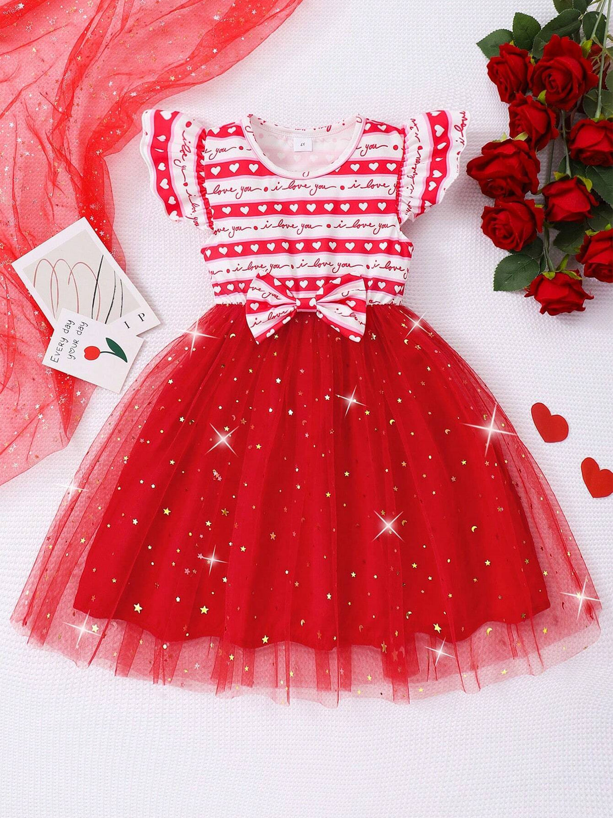 Young Girls Cap Sleeve Heart Print Bow Mesh Cute Dress