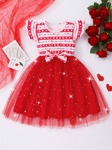 Young Girls Cap Sleeve Heart Print Bow Mesh Cute Dress