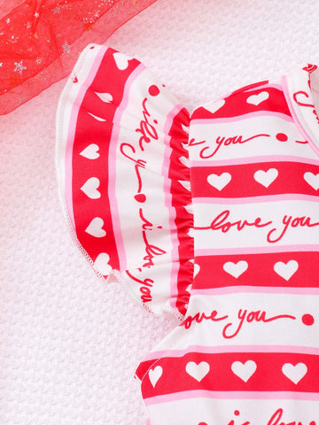 Young Girls Cap Sleeve Heart Print Bow Mesh Cute Dress