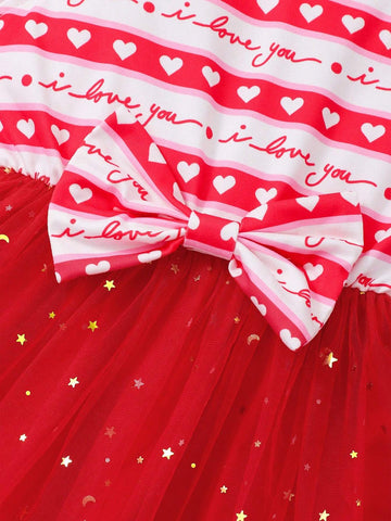 Young Girls Cap Sleeve Heart Print Bow Mesh Cute Dress