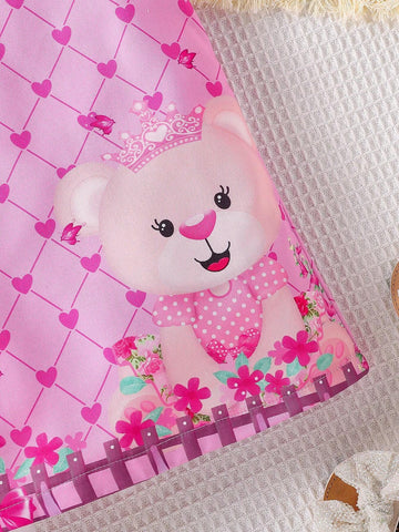 Young Girl's Cartoon Bear Print Bowknot Flutter Sleeve Dress, Cute Princess Dress For Girls