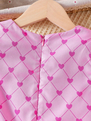 Young Girl's Cartoon Bear Print Bowknot Flutter Sleeve Dress, Cute Princess Dress For Girls