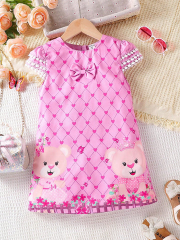 Young Girl's Cartoon Bear Print Bowknot Flutter Sleeve Dress, Cute Princess Dress For Girls