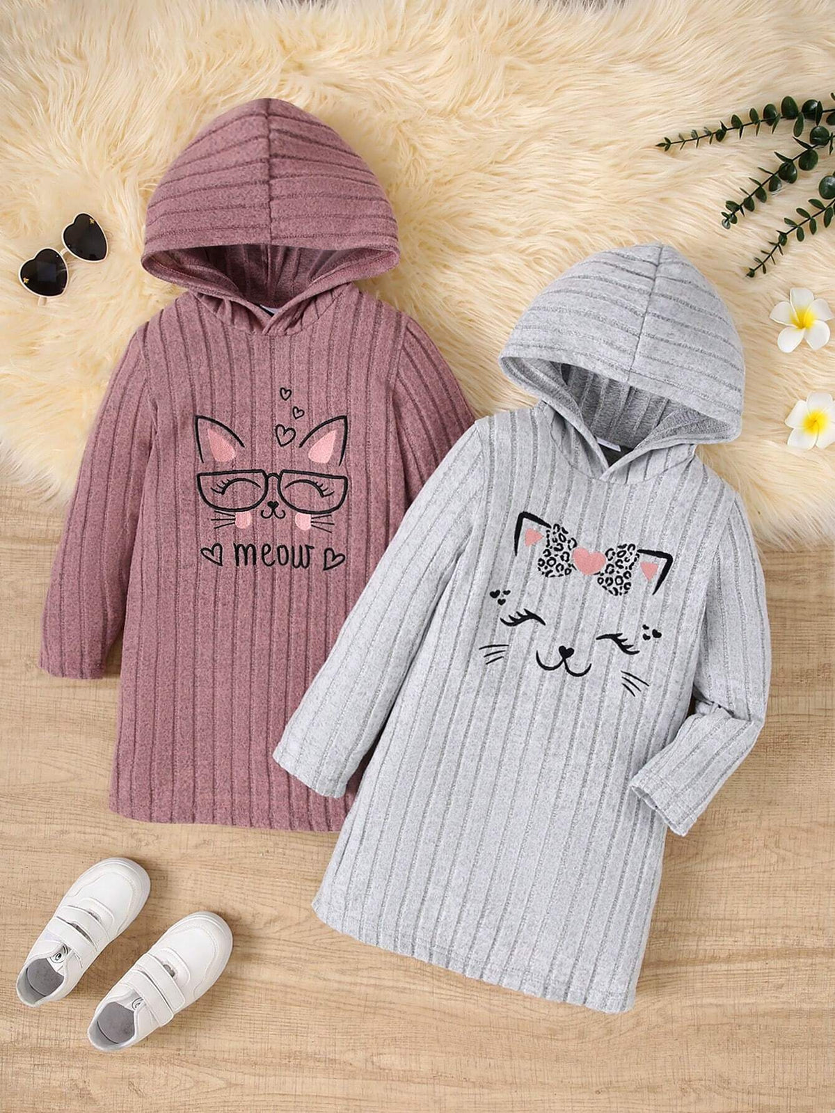 Young Girls Cartoon Cat Embroidered Hooded Long Sleeve Dress, Autumn/Winter