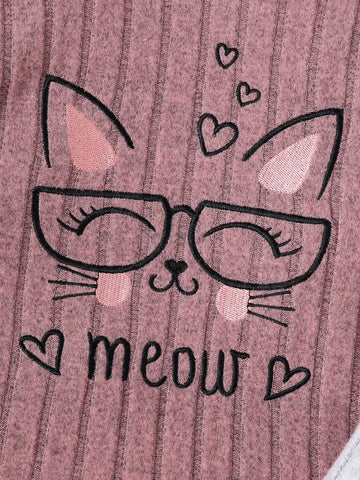 Young Girls Cartoon Cat Embroidered Hooded Long Sleeve Dress, Autumn/Winter