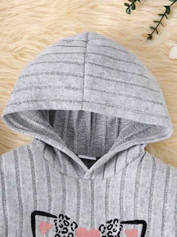 Young Girls Cartoon Cat Embroidered Hooded Long Sleeve Dress, Autumn/Winter