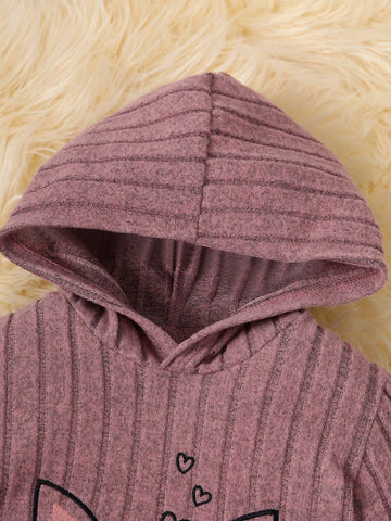 Young Girls Cartoon Cat Embroidered Hooded Long Sleeve Dress, Autumn/Winter