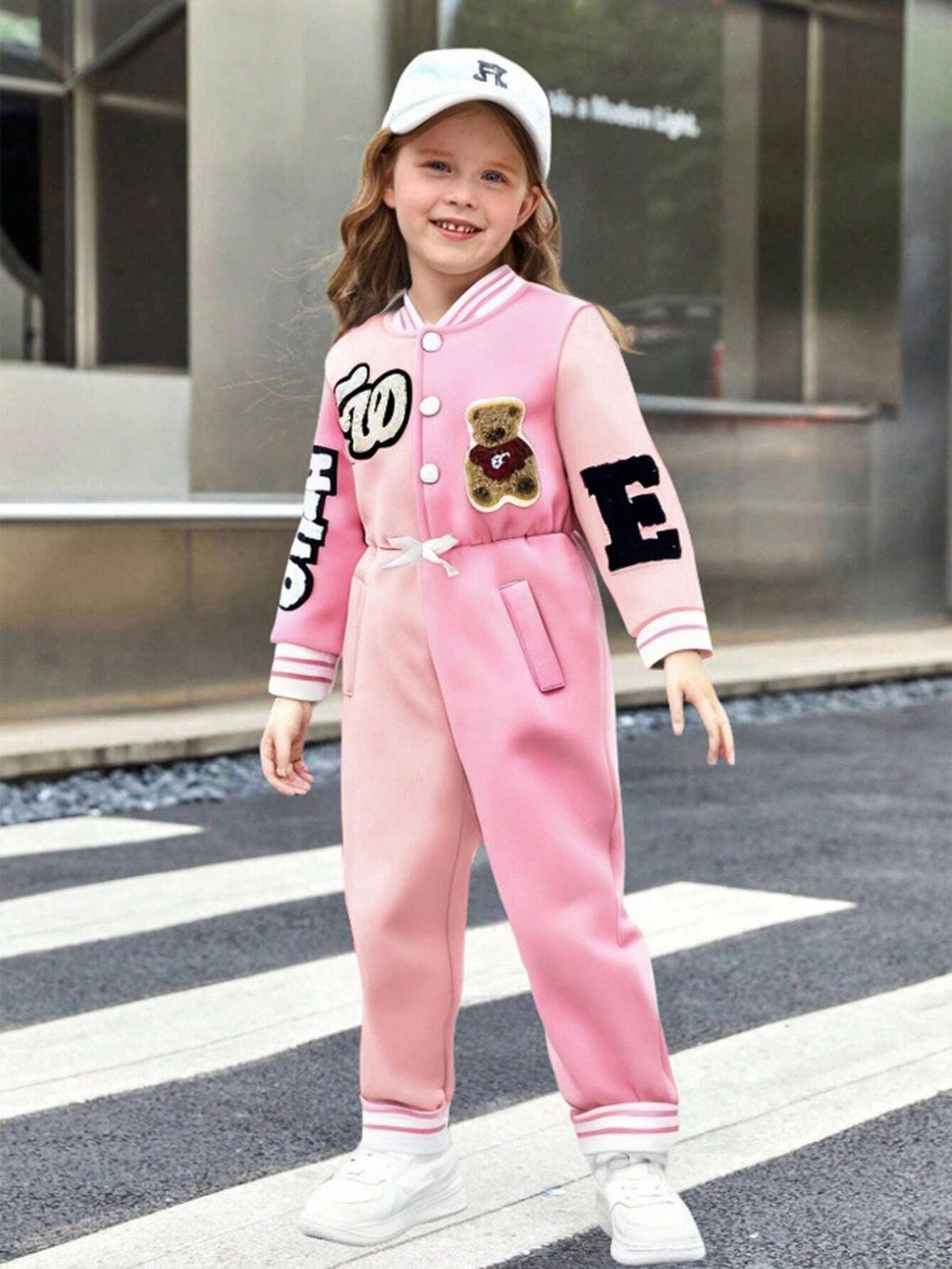 Young Girls Cartoon Embroidery Fleece Half Open Collar Splicing Hooded Long Jumpsuit, Fashion Sporty Casual Outfit For Outings, Spring And Autumn