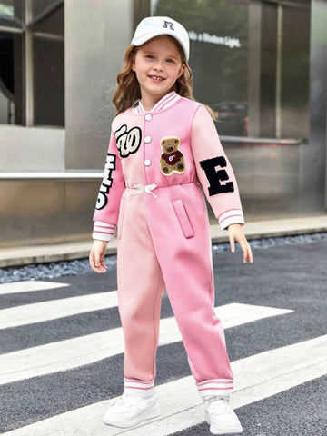 Young Girls Cartoon Embroidery Fleece Half Open Collar Splicing Hooded Long Jumpsuit, Fashion Sporty Casual Outfit For Outings, Spring And Autumn