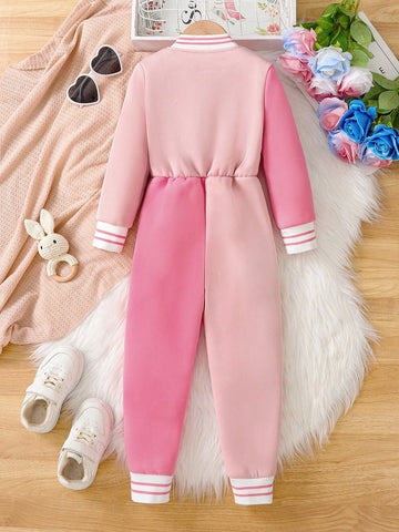 Young Girls Cartoon Embroidery Fleece Half Open Collar Splicing Hooded Long Jumpsuit, Fashion Sporty Casual Outfit For Outings, Spring And Autumn