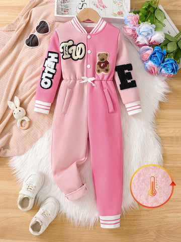 Young Girls Cartoon Embroidery Fleece Half Open Collar Splicing Hooded Long Jumpsuit, Fashion Sporty Casual Outfit For Outings, Spring And Autumn