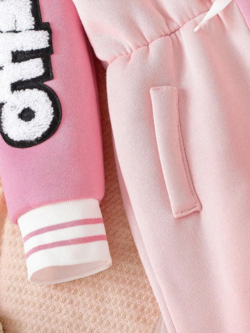 Young Girls Cartoon Embroidery Fleece Half Open Collar Splicing Hooded Long Jumpsuit, Fashion Sporty Casual Outfit For Outings, Spring And Autumn