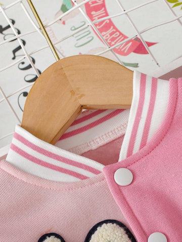 Young Girls Cartoon Embroidery Fleece Half Open Collar Splicing Hooded Long Jumpsuit, Fashion Sporty Casual Outfit For Outings, Spring And Autumn