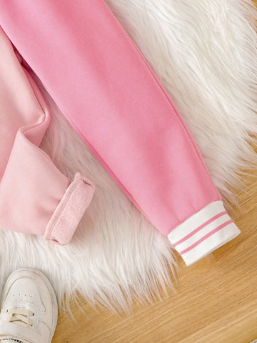 Young Girls Cartoon Embroidery Fleece Half Open Collar Splicing Hooded Long Jumpsuit, Fashion Sporty Casual Outfit For Outings, Spring And Autumn