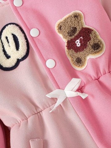 Young Girls Cartoon Embroidery Fleece Half Open Collar Splicing Hooded Long Jumpsuit, Fashion Sporty Casual Outfit For Outings, Spring And Autumn
