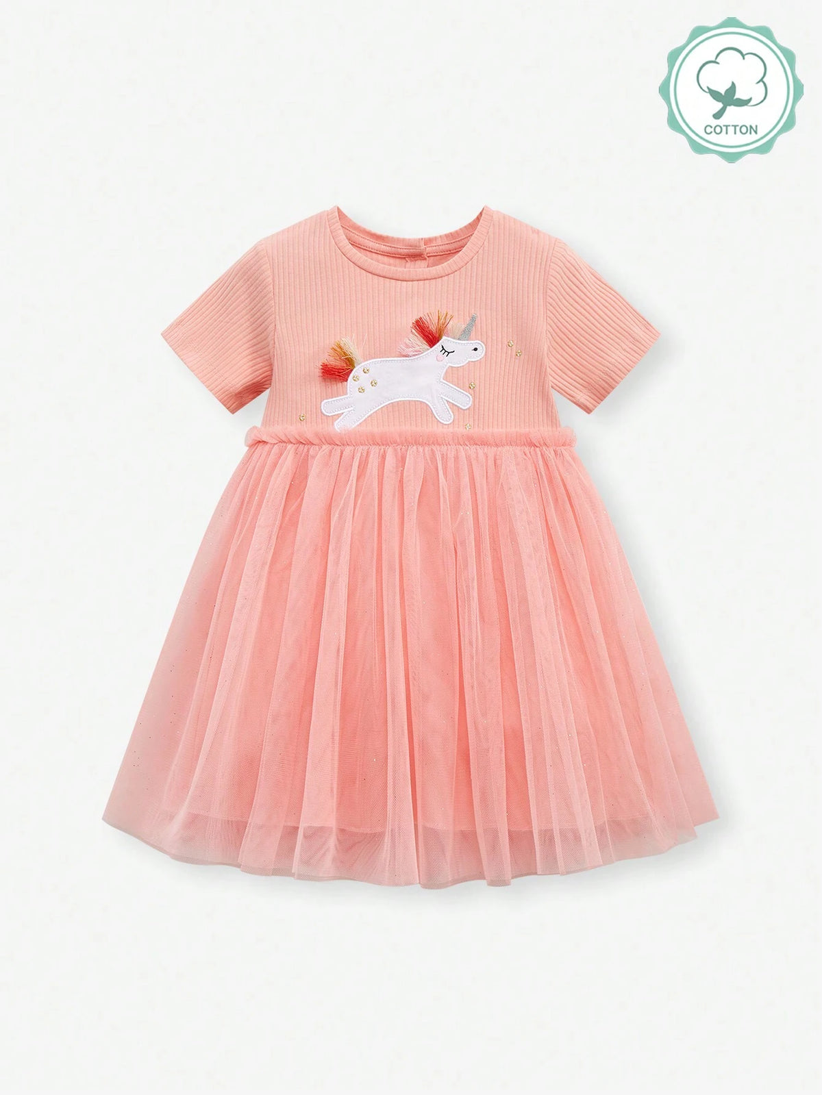 Young Girls' Cartoon Embroidery Mesh Patchwork Short Sleeve Princess Dress For Summer