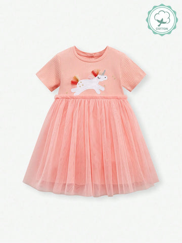 Young Girls' Cartoon Embroidery Mesh Patchwork Short Sleeve Princess Dress For Summer