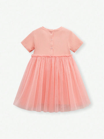 Young Girls' Cartoon Embroidery Mesh Patchwork Short Sleeve Princess Dress For Summer