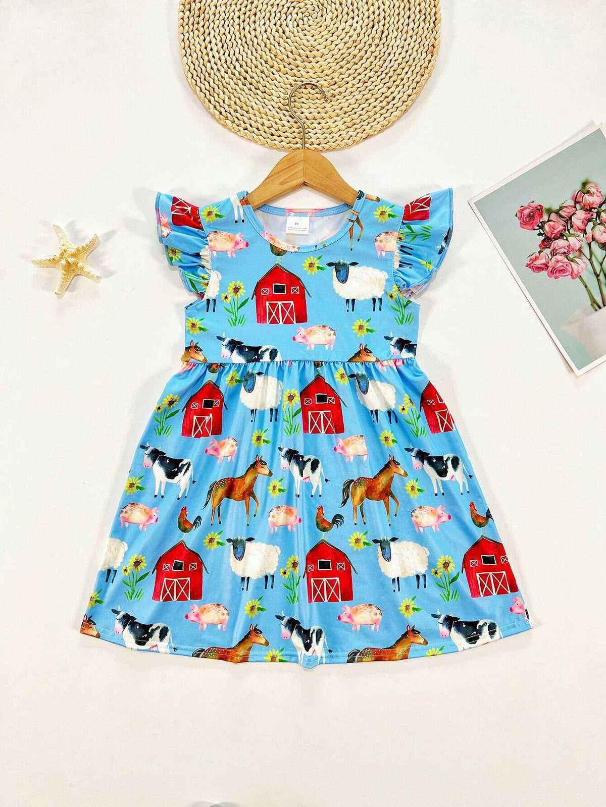 Young Girls Cartoon Farm Animal House Cap Sleeve Fly Sleeve Casual Dress, Spring Summer Autumn