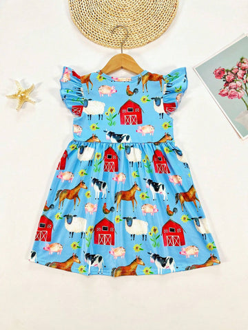 Young Girls Cartoon Farm Animal House Cap Sleeve Fly Sleeve Casual Dress, Spring Summer Autumn