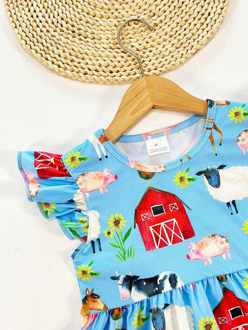 Young Girls Cartoon Farm Animal House Cap Sleeve Fly Sleeve Casual Dress, Spring Summer Autumn