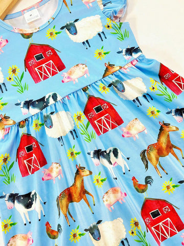 Young Girls Cartoon Farm Animal House Cap Sleeve Fly Sleeve Casual Dress, Spring Summer Autumn