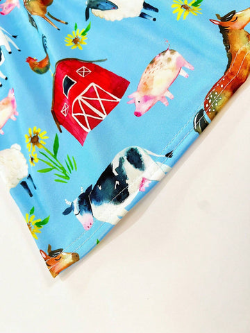 Young Girls Cartoon Farm Animal House Cap Sleeve Fly Sleeve Casual Dress, Spring Summer Autumn