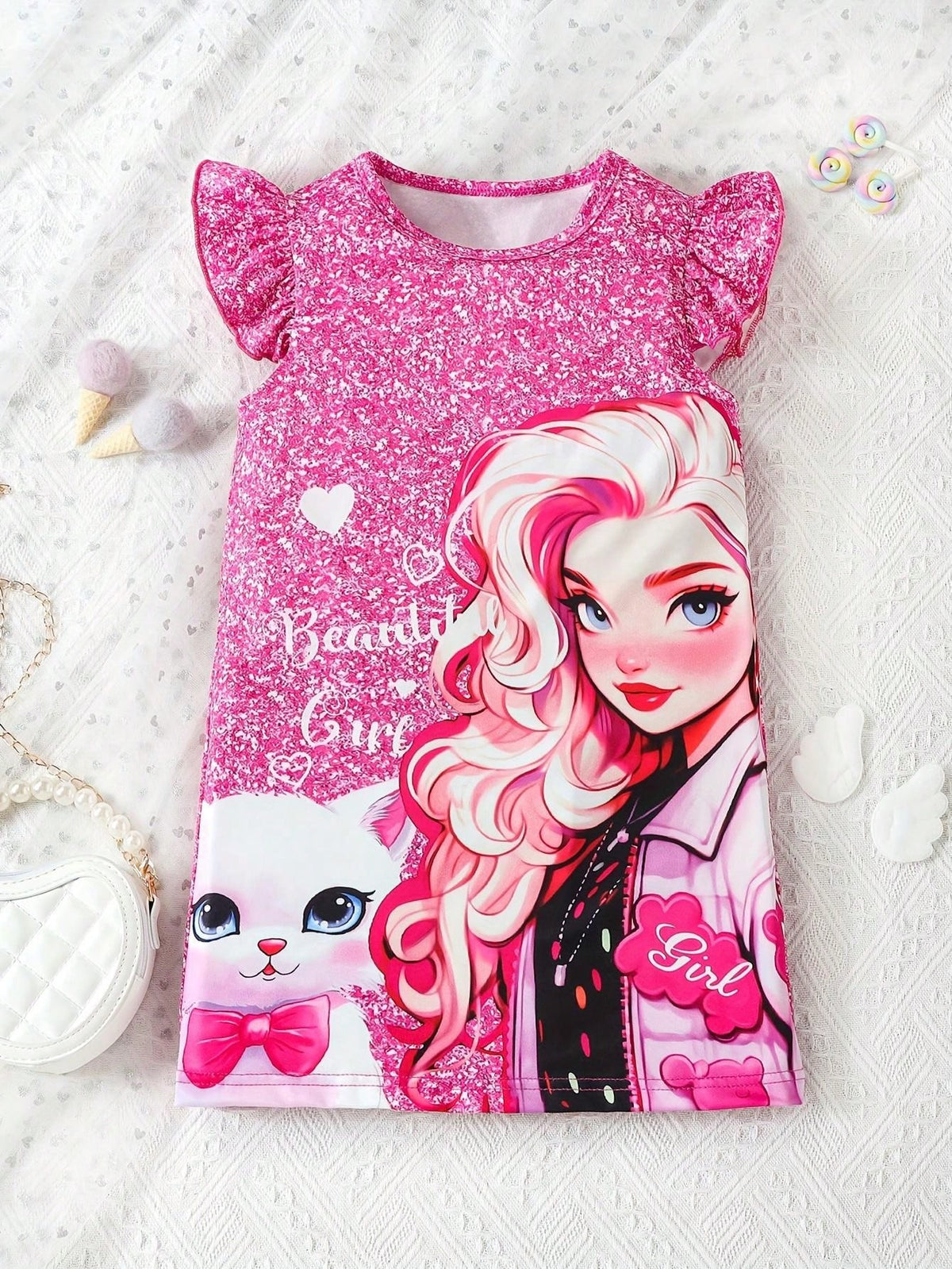 Young Girls' Cartoon Figure And Cat Print Dress With Ruffle Trim For Summer