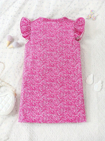 Young Girls' Cartoon Figure And Cat Print Dress With Ruffle Trim For Summer