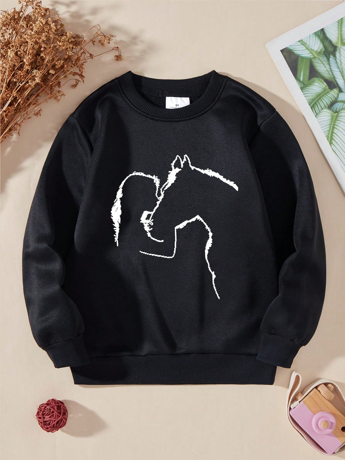 Young Girls Cartoon Girl & Horse Graphic Print Fleece Crew Neck Sweatshirt
