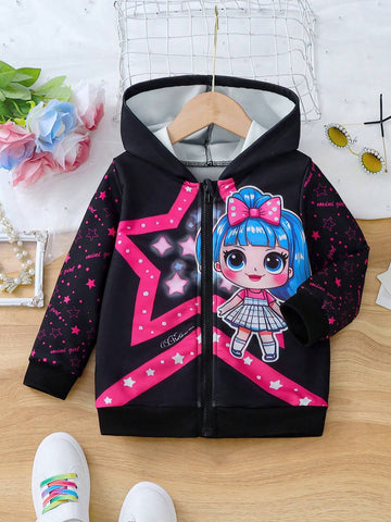 Young Girls Cartoon Graphic Hooded Light Zip-Up Bomber Jacket, Children Spring/Autumn Outdoor Sport Tops